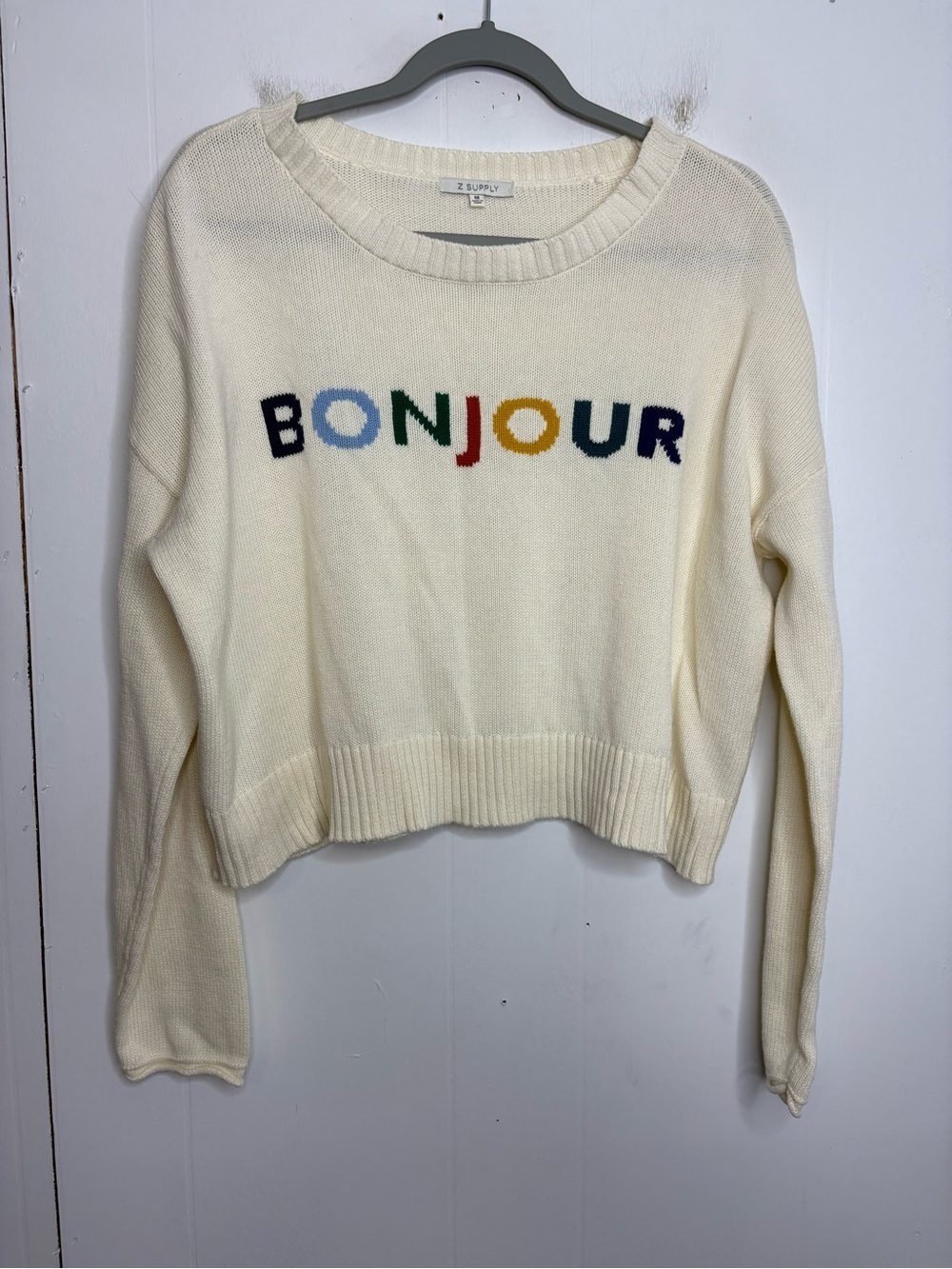 Z Supply Sweater Womens Medium Bonjour Cropped Knit Cream Street Casual Paris